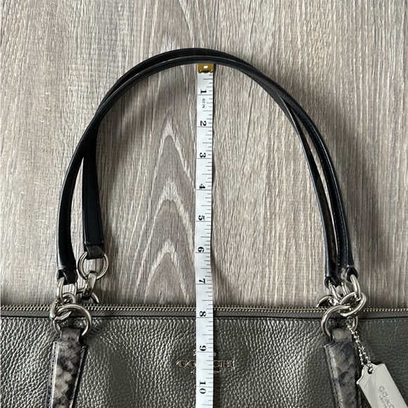 COACH Metallic Gunmetal Silver Pebble Leather Ava Tote with Python Accent - Picture 6 of 7